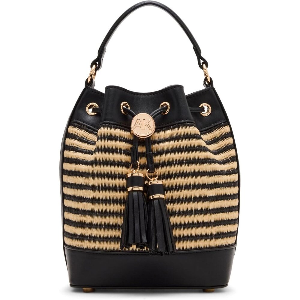 Women small convertible strap bucket bag natural black stripe黑
